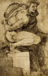 Estudio de un desnudo masculino con pierna doblada, dibujo de Miguel Ángel. Gabinetto dei Disegni e delle Stampe, Uffizi, Florencia